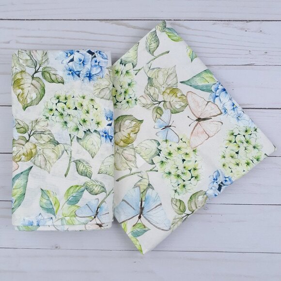 Fabric Dinner Napkins Spring Flowers Floral 17.5x17.5 Set of 4 Green Blue - Picture 1 of 4